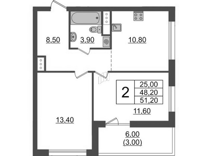 2-комнатная квартира 51.2 м², 2/9 эт., ЖК «А101 Лаголово»